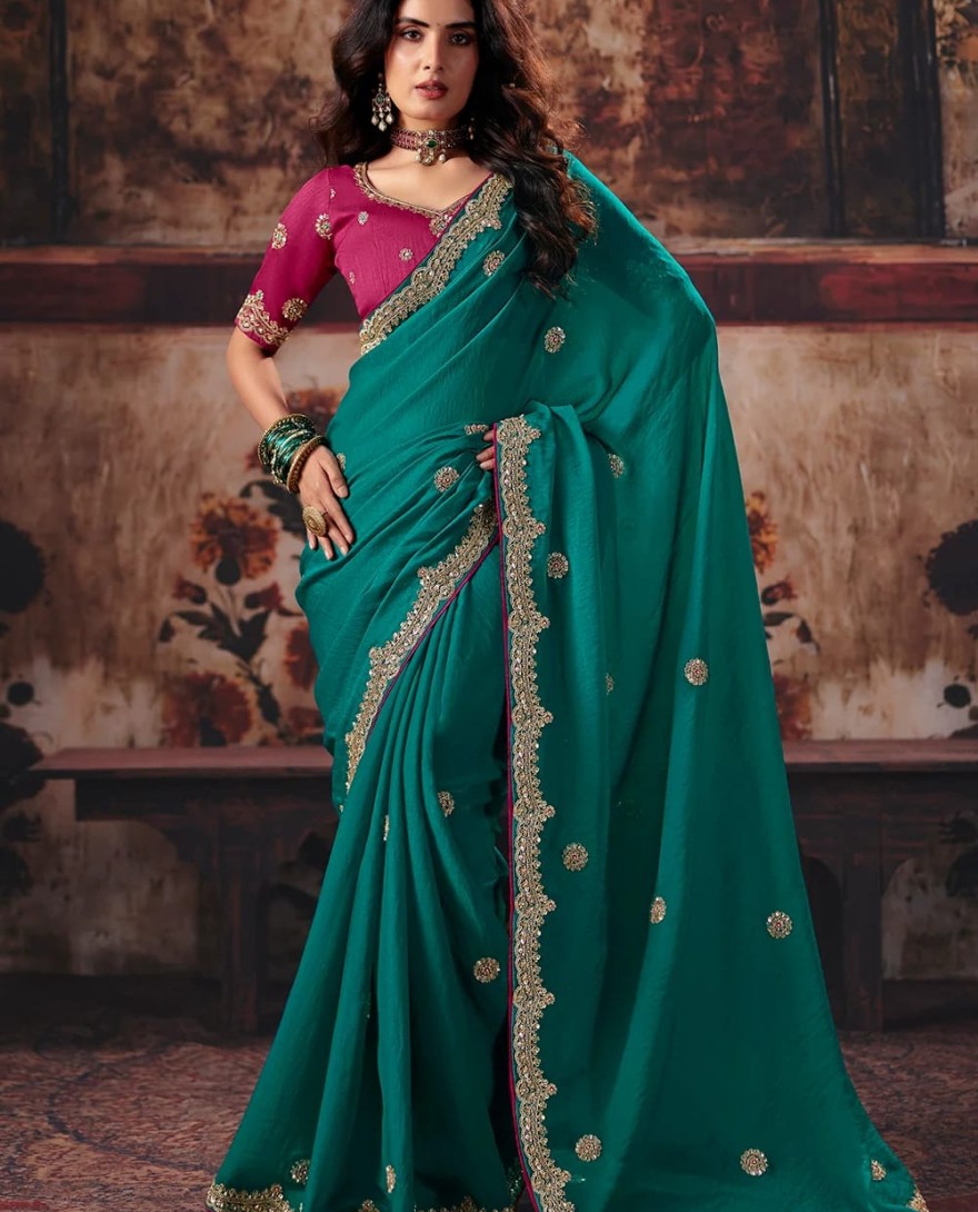 1002 - Teal & Pink Designer Style Festive Wear Saree